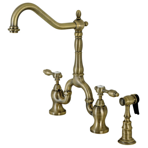 Kingston Brass KS7753TALBS Tudor Bridge Kitchen Faucet with Brass Sprayer, Antique Brass