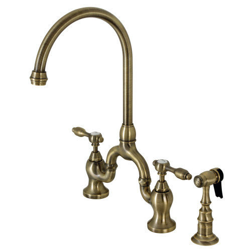 Kingston Brass KS7793TALBS Tudor Bridge Kitchen Faucet with Brass Sprayer, Antique Brass