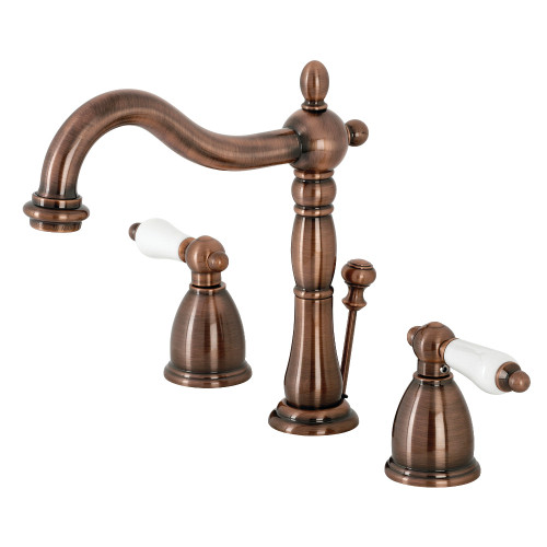 Kingston Brass KB197PLAC Heritage Widespread Two Handle Bathroom Faucet with Brass Pop-Up, Antique Copper