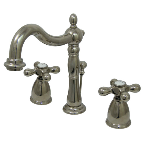 Kingston Brass KB1976AX Heritage Widespread Two Handle Bathroom Faucet with Brass Pop-Up, Polished Nickel