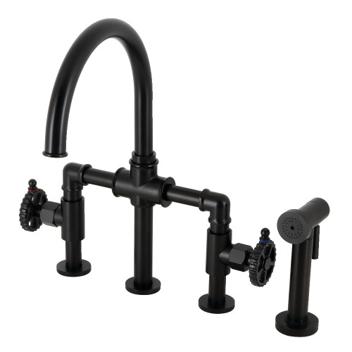 Kingston Brass KS2330CG Fuller Industrial Style Bridge Kitchen Faucet with Brass Sprayer, Matte Black