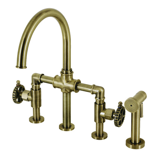 Kingston Brass KS2333CG Fuller Industrial Style Bridge Kitchen Faucet with Brass Sprayer, Antique Brass