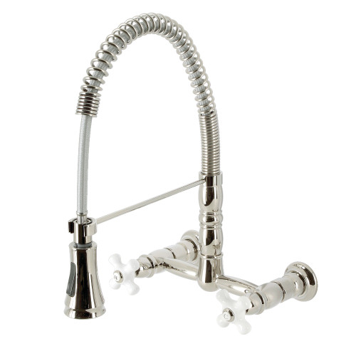 Kingston Brass Gourmetier GS1246PX Heritage Two Handle Wall-Mount Pull-Down Sprayer Kitchen Faucet, Polished Nickel