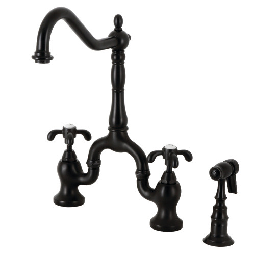 Kingston Brass KS7750TXBS French Country Bridge Kitchen Faucet with Brass Sprayer, Matte Black