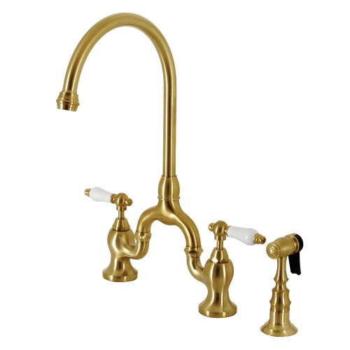 Kingston Brass KS7797PLBS English Country Bridge Kitchen Faucet with Brass Sprayer, Brushed Brass