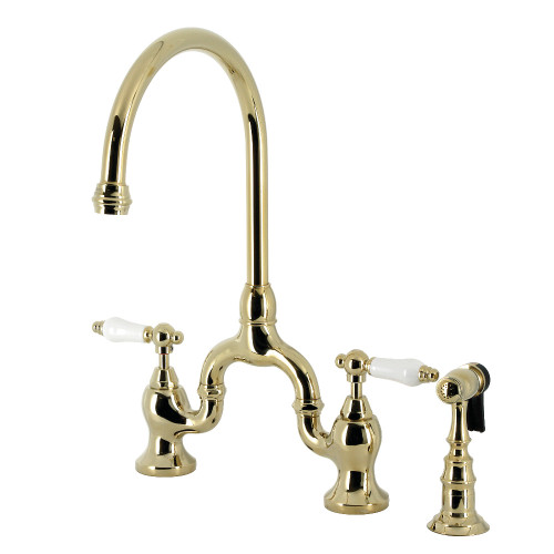 Kingston Brass KS7792PLBS English Country Bridge Kitchen Faucet with Brass Sprayer, Polished Brass