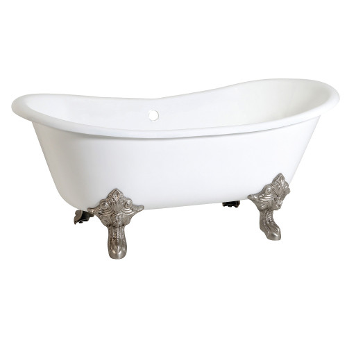 Kingston Brass Aqua Eden VCTNDS6731NL8 67-Inch Cast Iron Double Slipper Clawfoot Tub (No Faucet Drillings), White/Brushed Nickel