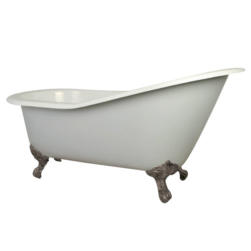 Kingston Brass Aqua Eden VCT7D653129B8 61-Inch Cast Iron Single Slipper Clawfoot Tub with 7-Inch Faucet Drillings, White/Brushed Nickel