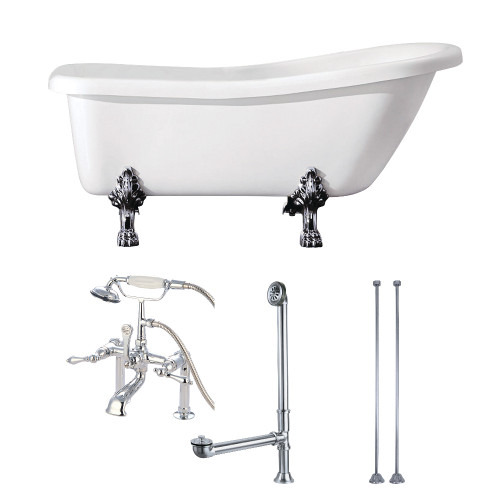 Kingston Brass  Aqua Eden KVTDE692823C1 67-Inch Acrylic Single Slipper Clawfoot Tub Combo with Faucet and Supply Lines, White/Polished Chrome