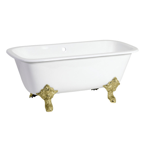 Kingston Brass Aqua Eden VCTQND6732NL2 67-Inch Cast Iron Double Ended Clawfoot Tub (No Faucet Drillings), White/Polished Brass