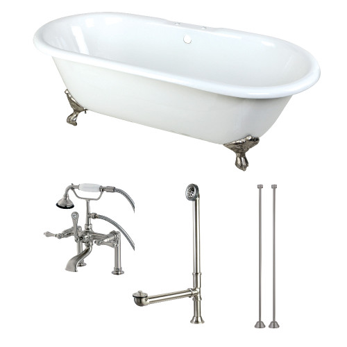 Kingston Brass Aqua Eden KCT7D663013C8 66-Inch Cast Iron Double Ended Clawfoot Tub Combo with Faucet and Supply Lines, White/Brushed Nickel