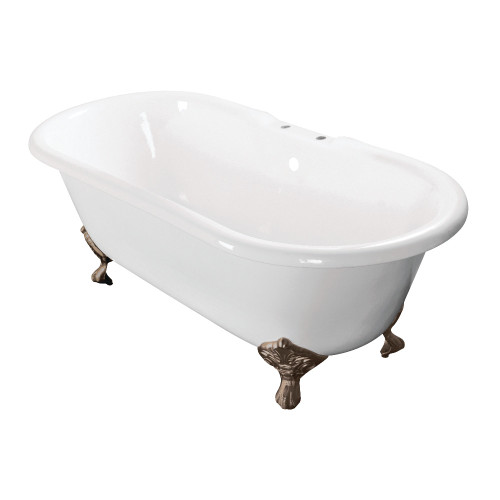 Kingston Brass Aqua Eden VCT7D603017NB8 60-Inch Cast Iron Double Ended Clawfoot Tub with 7-Inch Faucet Drillings, White/Brushed Nickel