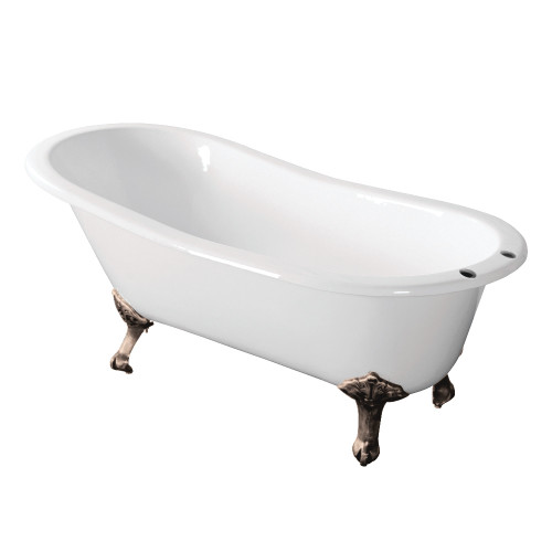 Kingston Brass Aqua Eden VCT7D673122ZB8 67-Inch Cast Iron Single Slipper Clawfoot Tub with 7-Inch Faucet Drillings, White/Brushed Nickel