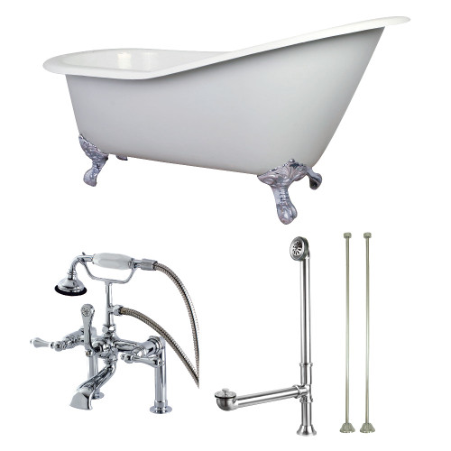 Kingston Brass Aqua Eden KCT7D653129C1 62-Inch Cast Iron Single Slipper Clawfoot Tub Combo with Faucet and Supply Lines, White/Polished Chrome