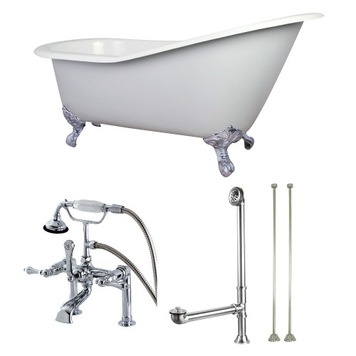 Kingston Brass  Aqua Eden KCT7D653129C1 62-Inch Cast Iron Single Slipper Clawfoot Tub Combo with Faucet and Supply Lines, White/Polished Chrome