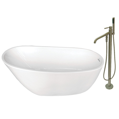 Kingston Brass Aqua Eden KTRS592928A8 59-Inch Acrylic Single Slipper Freestanding Tub Combo with Faucet and Drain, White/Brushed Nickel