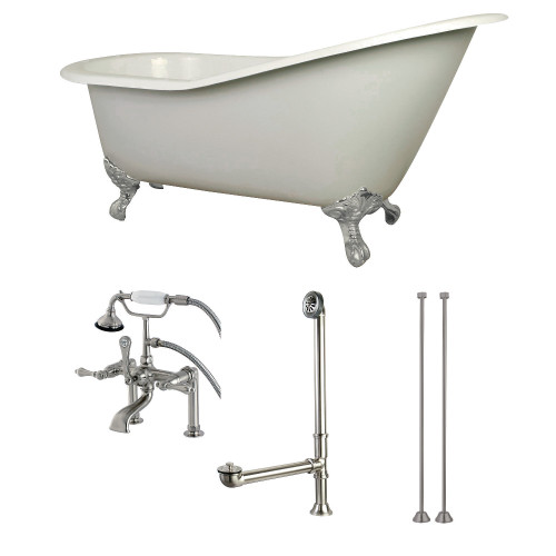Kingston Brass Aqua Eden KCT7D653129C8 62-Inch Cast Iron Single Slipper Clawfoot Tub Combo with Faucet and Supply Lines, White/Brushed Nickel