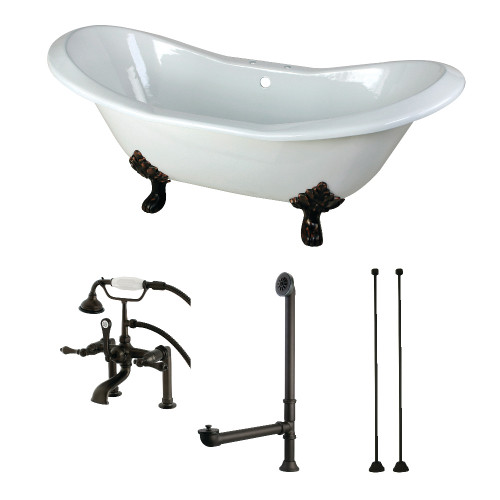 Kingston Brass Aqua Eden KCT7D7231C5 72-Inch Cast Iron Double Slipper Clawfoot Tub Combo with Faucet and Supply Lines, White/Oil Rubbed Bronze