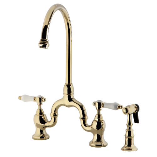 Kingston Brass KS7792BPLBS Bel-Air Bridge Kitchen Faucet with Brass Sprayer, Polished Brass