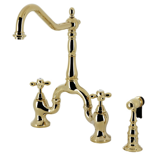 Kingston Brass KS7752AXBS English Country Bridge Kitchen Faucet with Brass Sprayer, Polished Brass