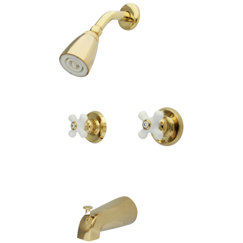 Kingston Brass KB242PX Magellan Tub & Shower Faucet with Porcelain Handles, Polished Brass