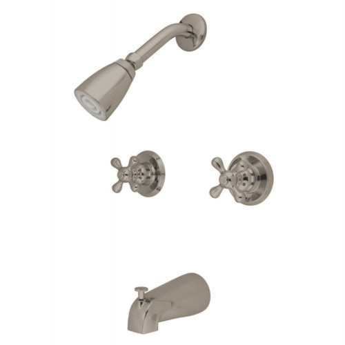 Kingston Brass KB248AX Magellan Twin Handle Tub & Shower Faucet With Decor Cross Handle, Brushed Nickel