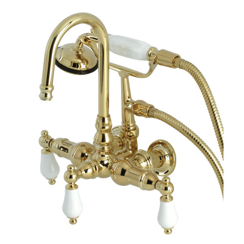 Kingston Brass CA11T2 Vintage 3-3/8" Tub Wall Mount Clawfoot Tub Faucet with Hand Shower, Polished Brass