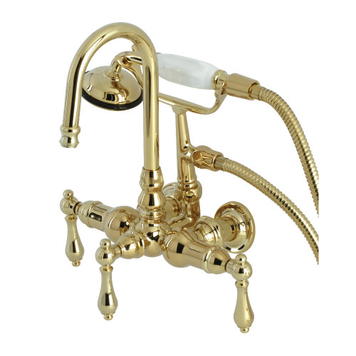 Kingston Brass CA7T2 Vintage 3-3/8" Tub Wall Mount Clawfoot Tub Faucet with Hand Shower, Polished Brass