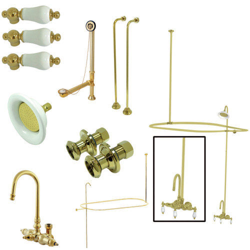 Kingston Brass CCK4142PL Vintage Gooseneck Clawfoot Tub Faucet Package with Shower Enclosure, Polished Brass