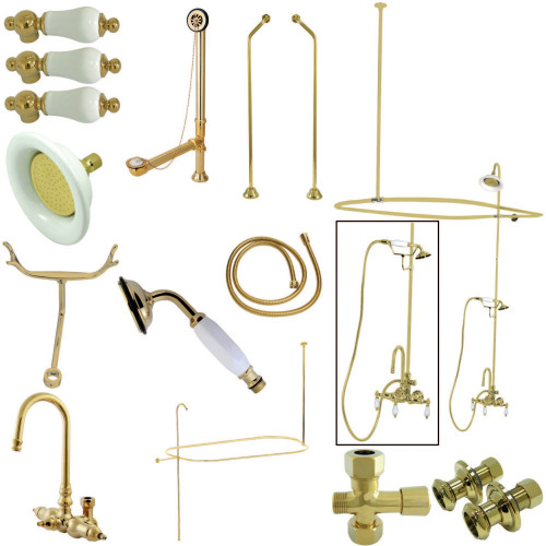 Kingston Brass CCK2182PL Vintage High-Arc Gooseneck Clawfoot Tub Faucet Package with Shower Enclosure, Polished Brass