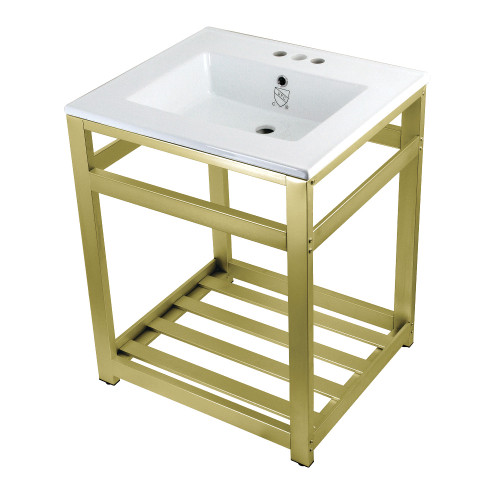 Kingston Brass VWP2522W4A7 Quadras 25-Inch Ceramic Console Sink (4-Inch, 3-Hole), White/Brushed Brass