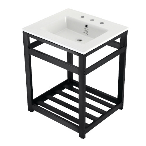 Kingston Brass VWP2522W8A0 Quadras 25-Inch Ceramic Console Sink (8-Inch, 3-Hole), White/Matte Black