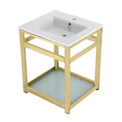 Kingston Brass VWP2522B2 Quadras 25-Inch Ceramic Console Sink (1-Hole) with Glass Shelf, White/Polished Brass