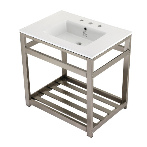 Kingston Brass VWP3122W8A8 Quadras 31-Inch Ceramic Console Sink (8-Inch, 3-Hole), White/Brushed Nickel