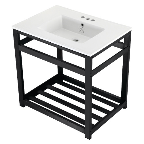 Kingston Brass VWP3122W4A0 Quadras 31-Inch Ceramic Console Sink (4-Inch, 3-Hole), White/Matte Black