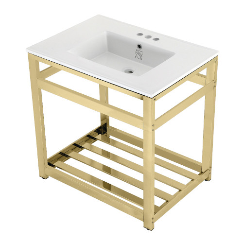 Kingston Brass VWP3122W4A2 Quadras 31-Inch Ceramic Console Sink (4-Inch, 3-Hole), White/Polished Brass