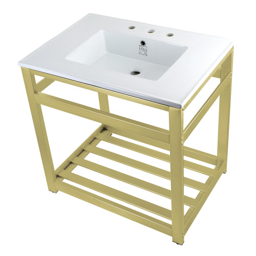 Kingston Brass VWP3122W8A7 Quadras 31-Inch Ceramic Console Sink (8-Inch, 3-Hole), White/Brushed Brass