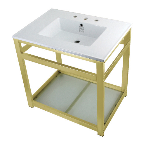 Kingston Brass VWP3122W8B7 Quadras 31-Inch Ceramic Console Sink (8-Inch, 3-Hole) with Glass Shelf, White/Brushed Brass