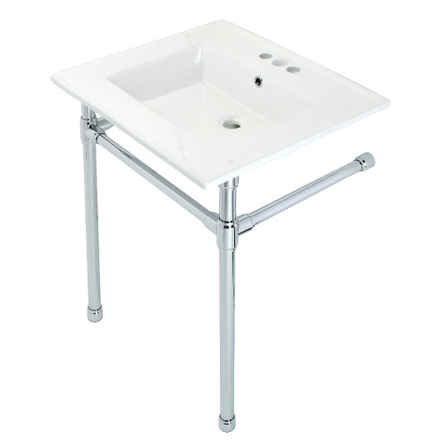 Kingston Brass KVPB25227W41 Dreyfuss 25" Console Sink with Stainless Steel Legs (4-Inch, 3 Hole), White/Polished Chrome