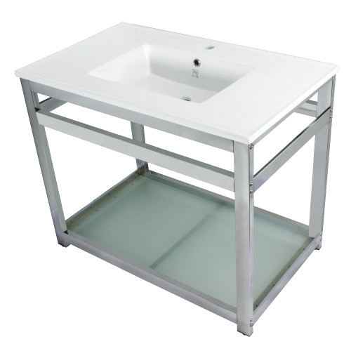 Kingston Brass Fauceture VWP3722B1 Quadras 37-Inch Ceramic Console Sink (1-Hole) with Glass Shelf, White/Polished Chrome