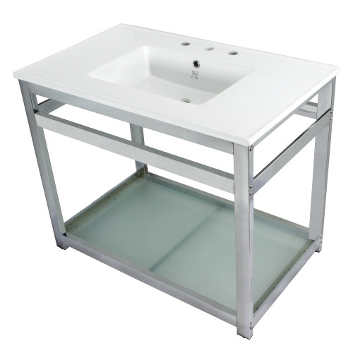 Kingston Brass Fauceture VWP3722W8B1 Quadras 37-Inch Ceramic Console Sink (8-Inch, 3-Hole) with Glass Shelf, White/Polished Chrome