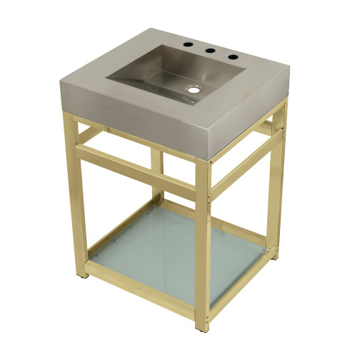 Kingston Brass KVSP2522B2 Fauceture 25" Stainless Steel Sink with Steel Console Sink Base and Glass Shelf Brushed/Polished Brass