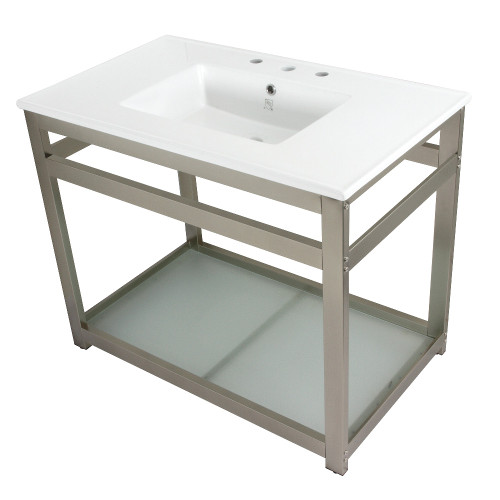 Kingston Brass Fauceture VWP3722W8B8 Quadras 37-Inch Ceramic Console Sink (8-Inch, 3-Hole) with Glass Shelf, White/Brushed Nickel
