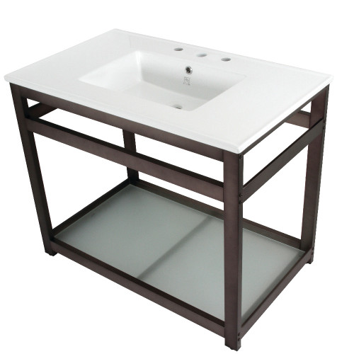 Kingston Brass Fauceture VWP3722W8B5 Quadras 37-Inch Ceramic Console Sink (8-Inch, 3-Hole) with Glass Shelf, White/Oil Rubbed Bronze