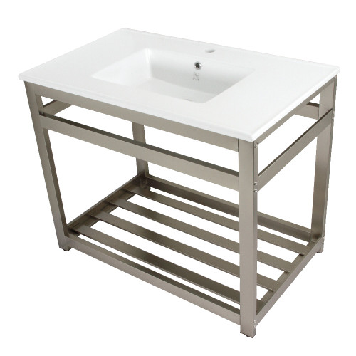 Kingston Brass Fauceture VWP3722A8 Quadras 37-Inch Ceramic Console Sink (1-Hole), White/Brushed Nickel