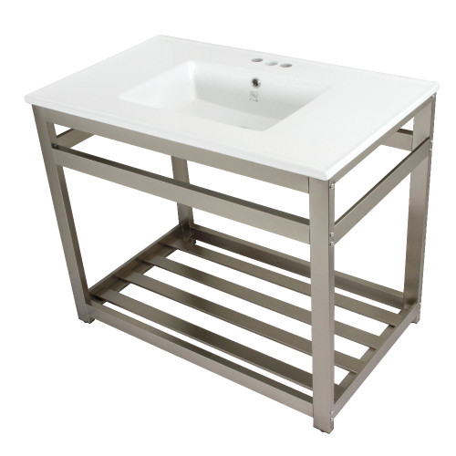 Kingston Brass Fauceture VWP3722W4A8 Quadras 37-Inch Ceramic Console Sink (4-Inch, 3-Hole), White/Brushed Nickel