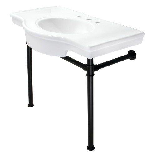 Kingston Brass VPB1370ST Templeton 37" Ceramic Console Sink with Stainless Steel Legs, White/Matte Black