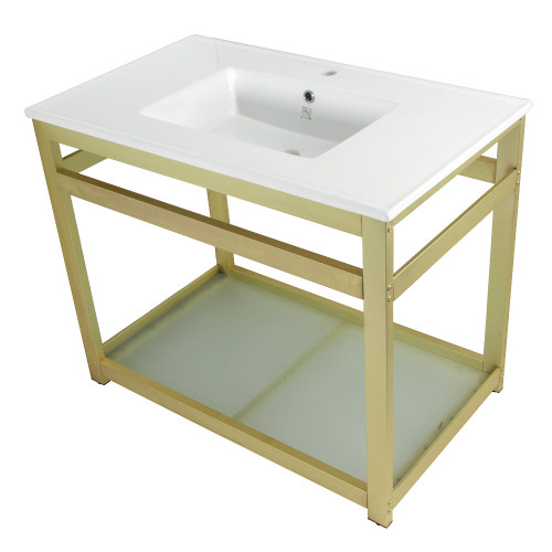 Kingston Brass Fauceture VWP3722B7 Quadras 37-Inch Ceramic Console Sink (1-Hole) with Glass Shelf, White/Brushed Brass