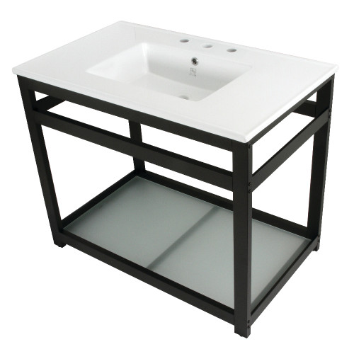 Kingston Brass Fauceture VWP3722W8B0 Quadras 37-Inch Ceramic Console Sink (8-Inch, 3-Hole) with Glass Shelf, White/Matte Black