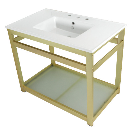 Kingston Brass Fauceture VWP3722W8B7 Quadras 37-Inch Ceramic Console Sink (8-Inch, 3-Hole) with Glass Shelf, White/Brushed Brass